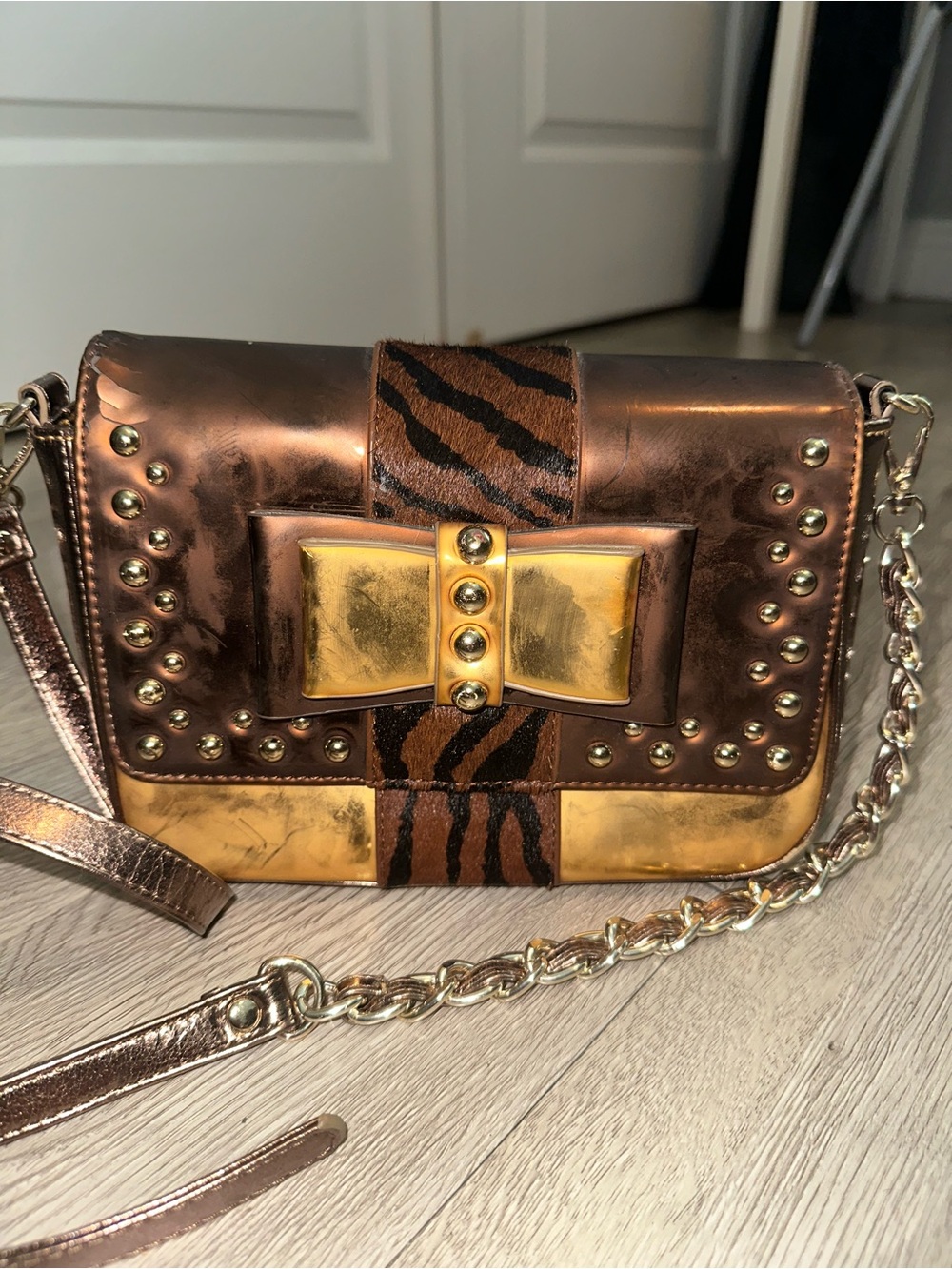 Sharif Metallic Bronze Glitz Bow Studded Crossbody Bag Purse